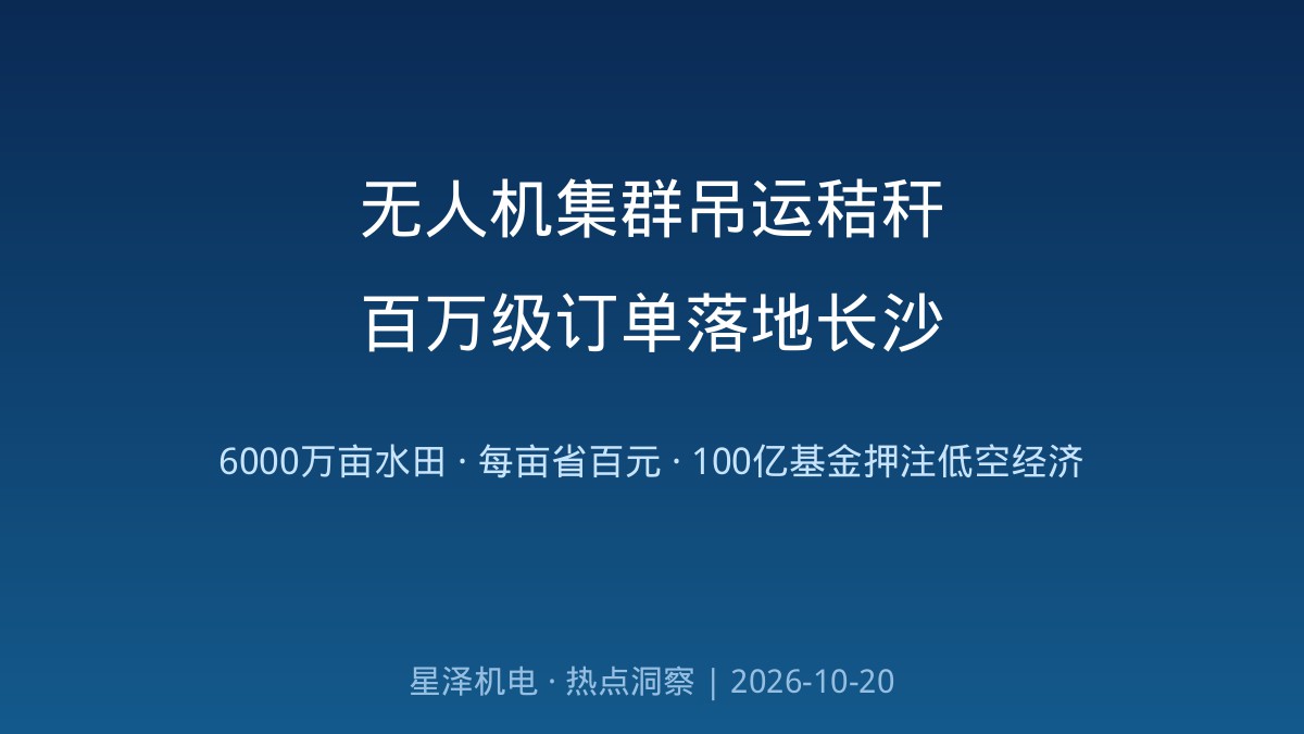 每亩省下100多元！无人机集群吊运秸秆斩获百万级订单：湖南6000万亩水田的离田难题、一个月从尝试室到田间的转化速度、100亿元未来产业基金押注新赛路——低空经济“飞起来”之后，起降场、充换电与维；獾幕缗涮渍匠≡诖蚩